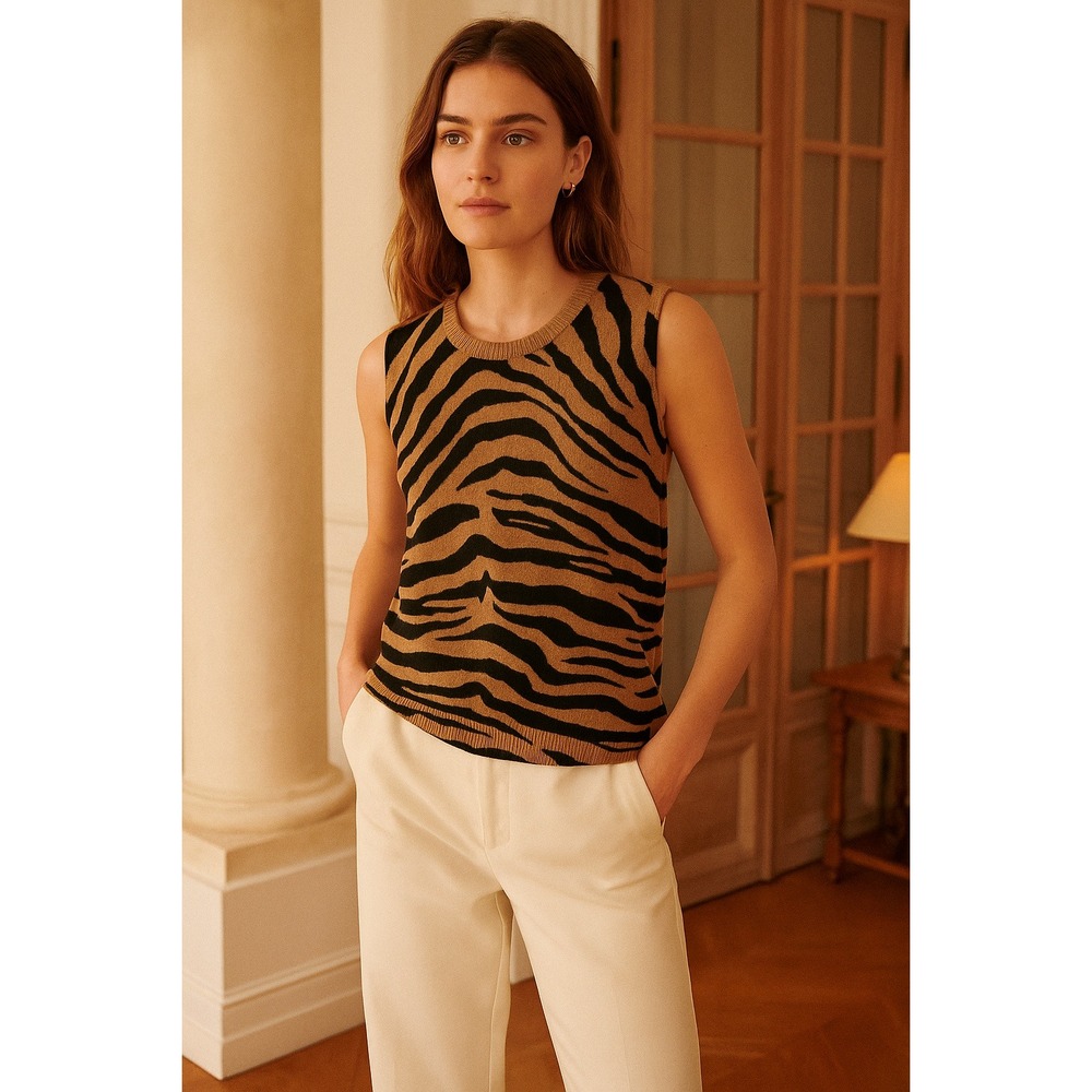 American Vintage Tan and Black Zebra-Print Sleeveless Crewneck Sweater